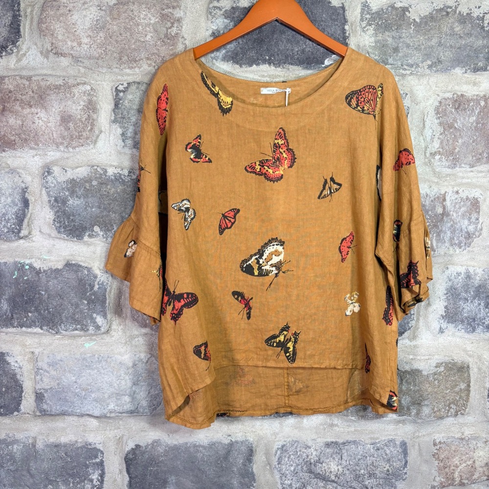 Viola Borghi Italy Mustard Yellow 100% Linen Butterfly Print Ruffle Top M NEW